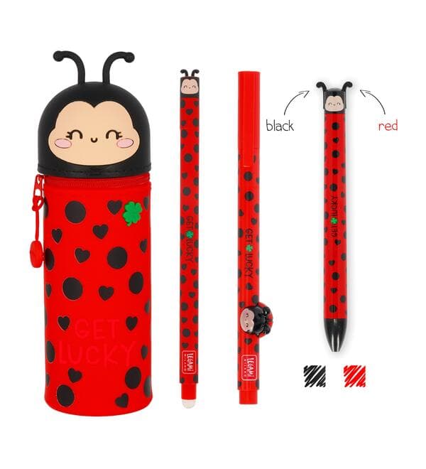 Legami Ladybug Set - Erasable Gel Pen + Mäppchen + Lovely Friends + Kugelschreiber - Marienkäfer
