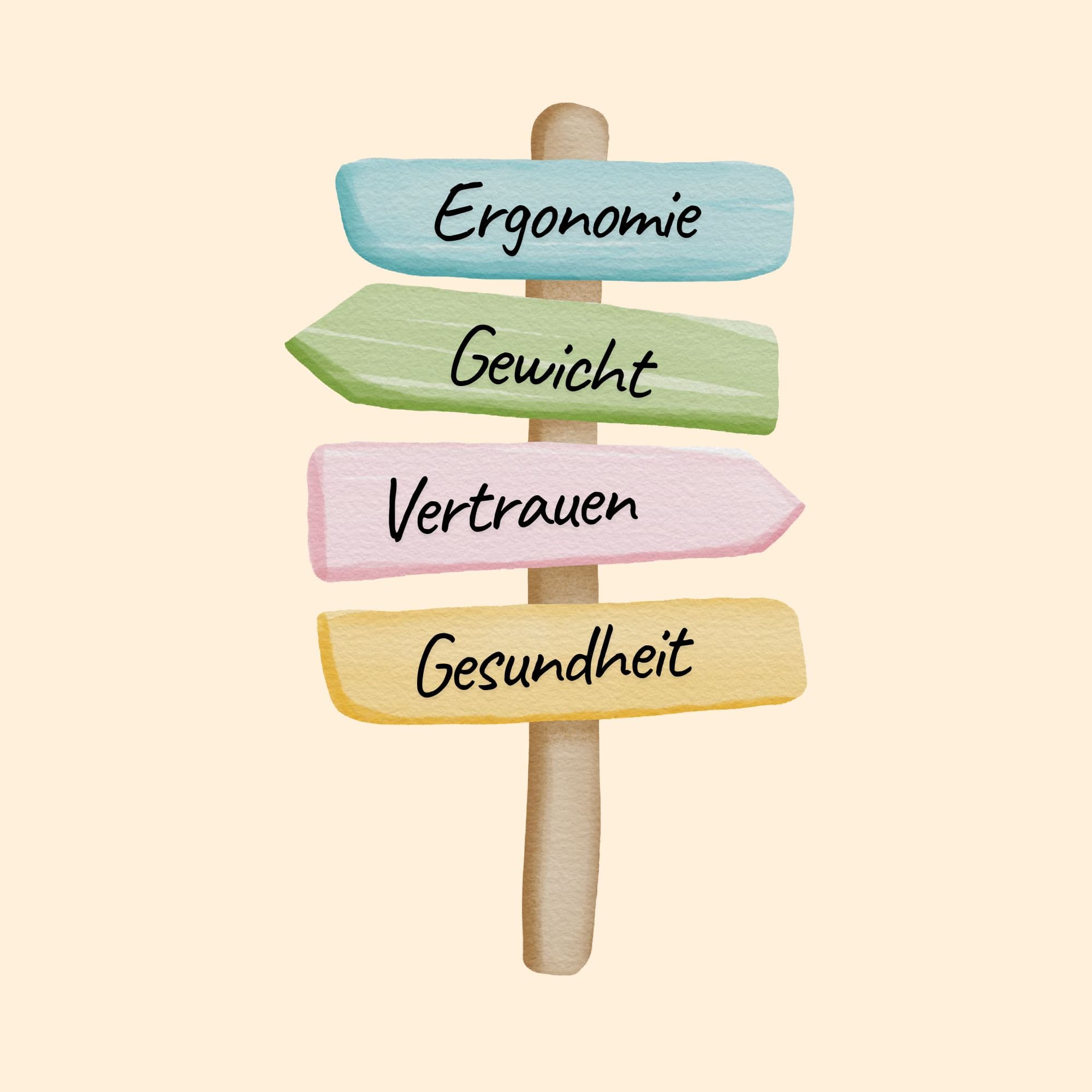 Illustrierter Wegweiser mit den Worten Ergonomie, Gewicht, Vertrauen und Gesundheit