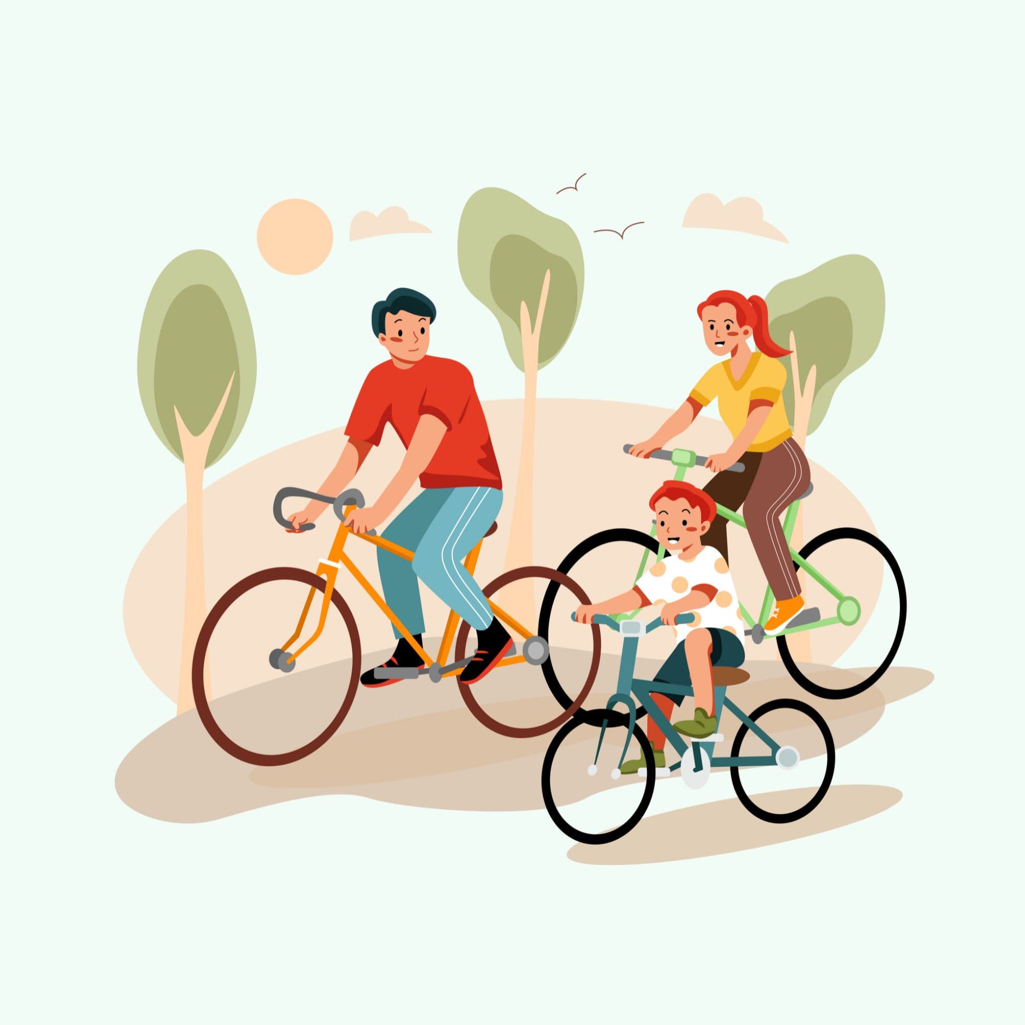 Illustration einer Familie, die mit Fahrrädern an Bäumen vorbei fährt