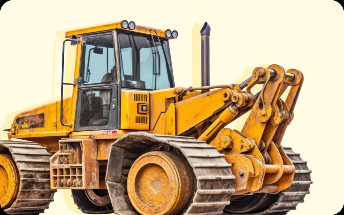 Gelbe Baumaschine mit Raupenfahrwerk und großer Schaufel