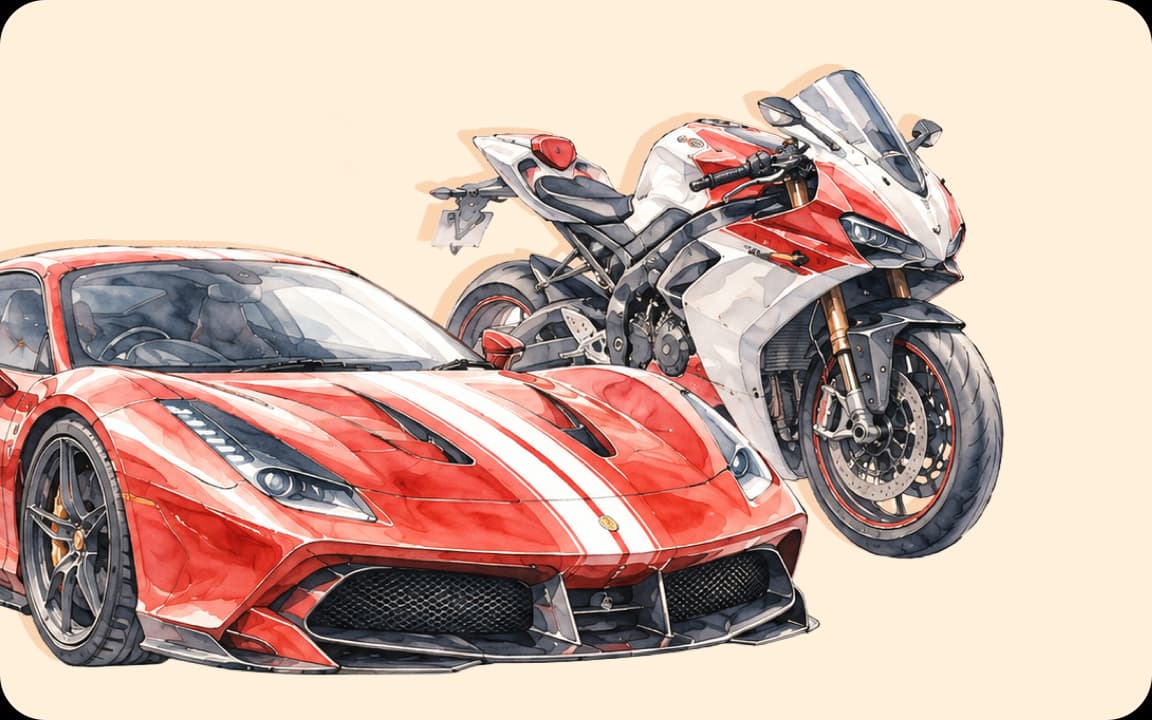 Roter Sportwagen und weiß-rotes Sportmotorrad