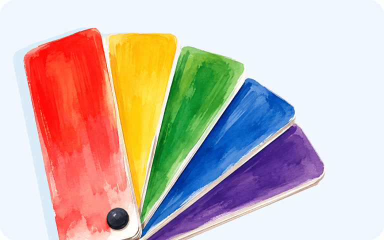 Fächer aus fünf bunten Farbkarten in Rot, Gelb, Grün, Blau und Violett als Aquarellillustration