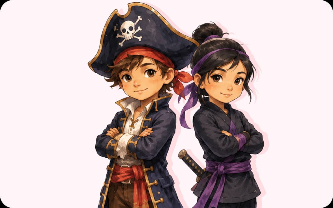 Junge Piratin und junger Pirat in fantasievoller Illustration