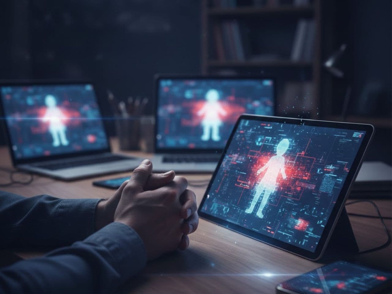 Digitale Darstellungen auf mehreren Bildschirmen in dunkler Umgebung.