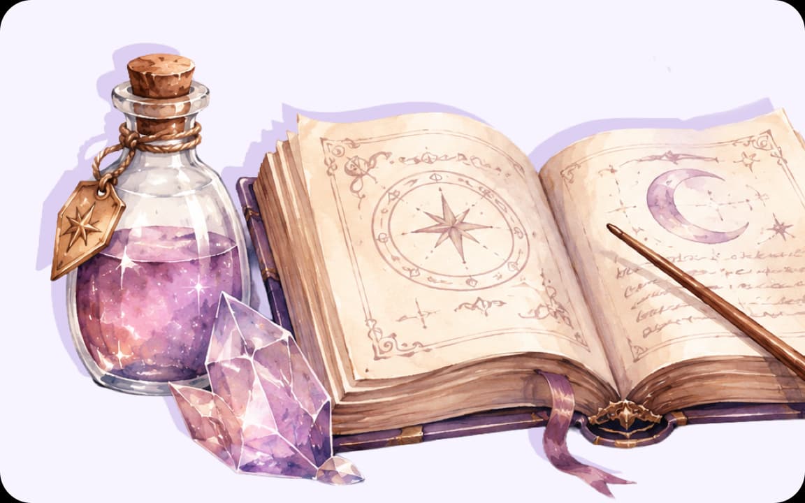 Magisches Buch mit Zaubertrank und violetten Kristallen