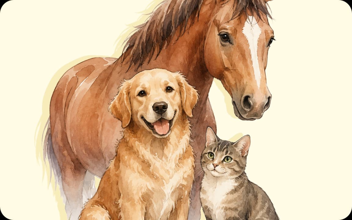 Pferd, Golden Retriever und Katze als Aquarellillustration