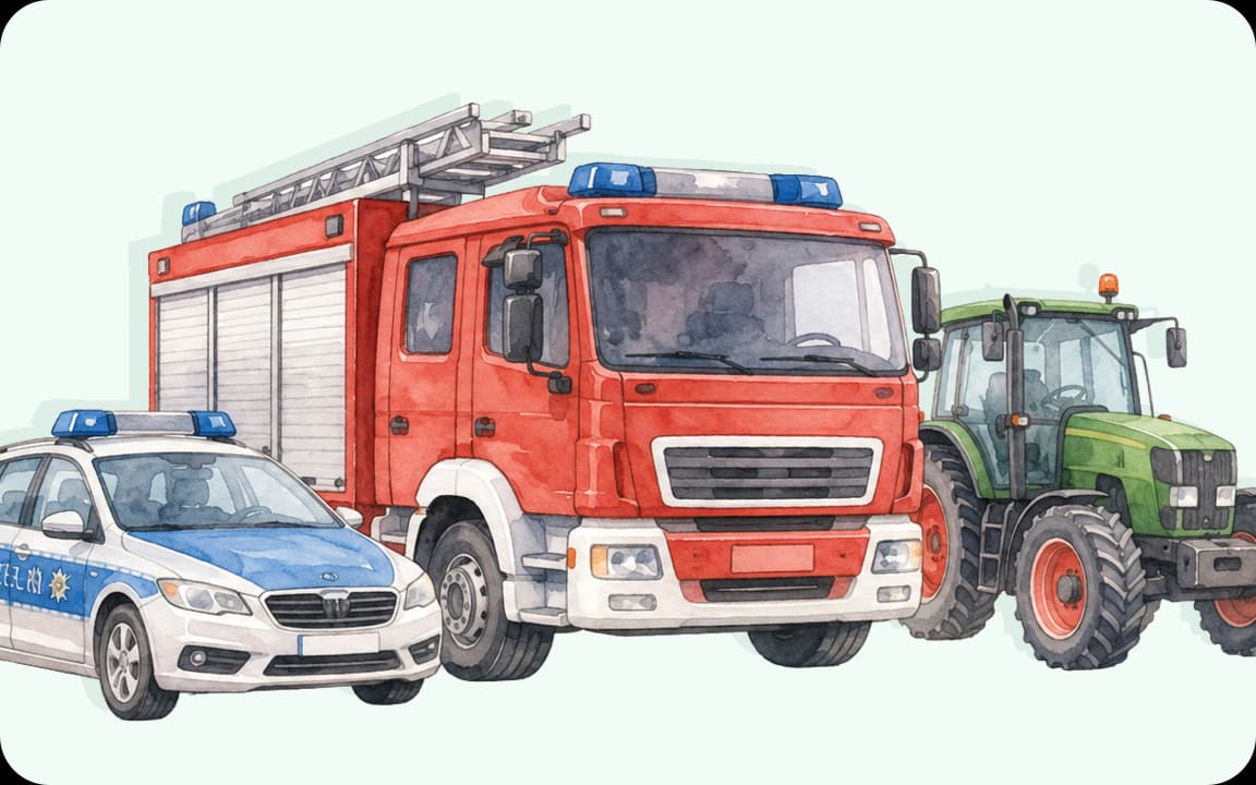 Feuerwehrwagen, Polizeiauto und Traktor als Aquarellillustration