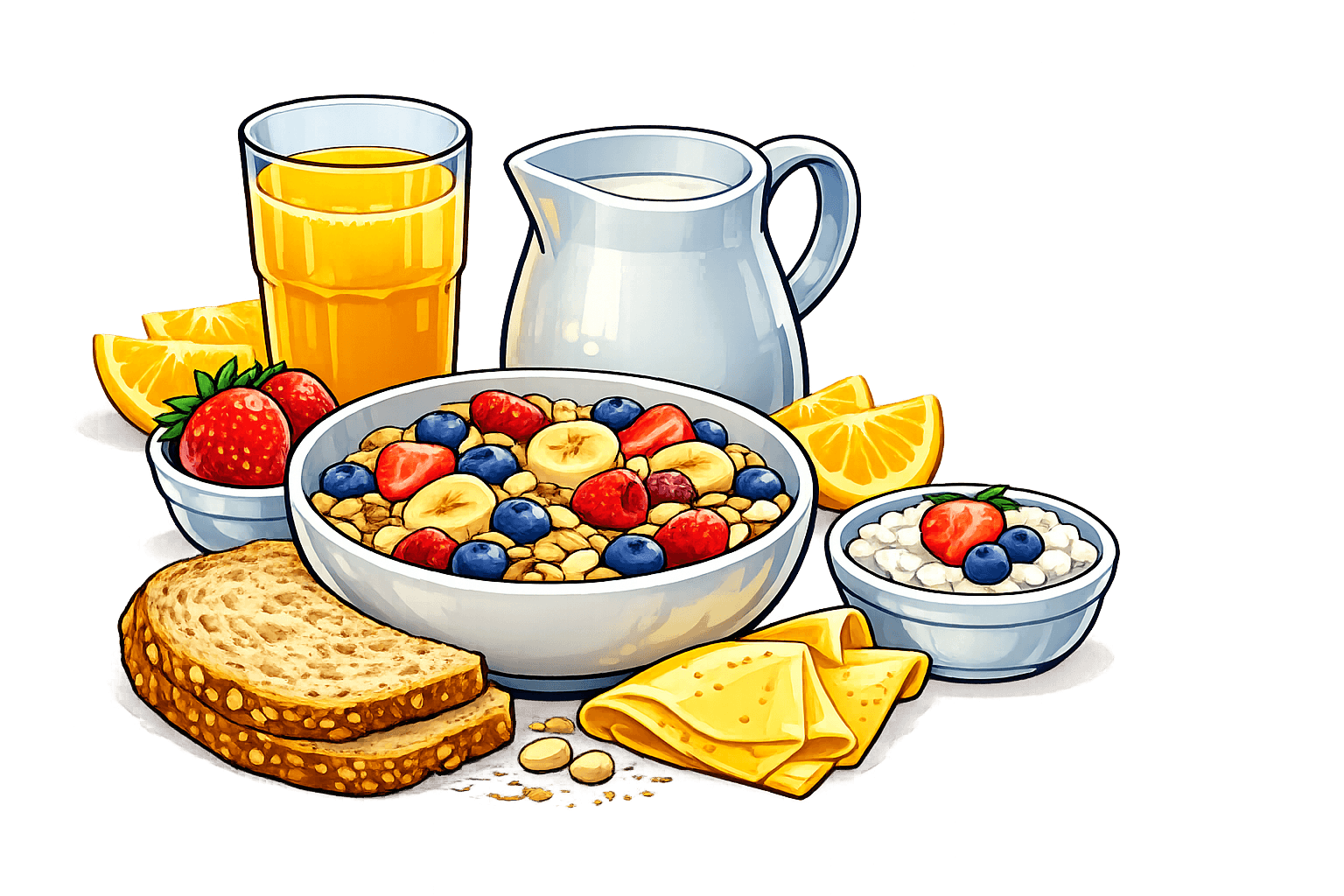 Illustriertes Bild von Frühstück mit Milch, Saft, Müsli, Brot, Käse und Obst 