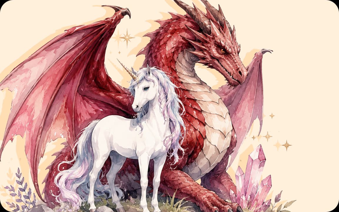Roter Drache und weißes Einhorn zwischen Kristallen