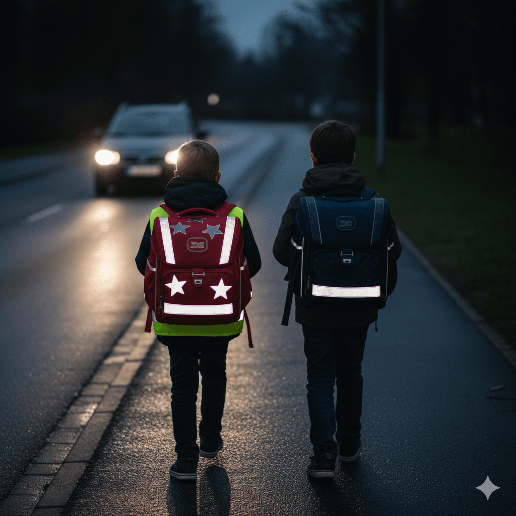 Zwei Kinder mit Schulranzen mit fluoreszierenden Flächen