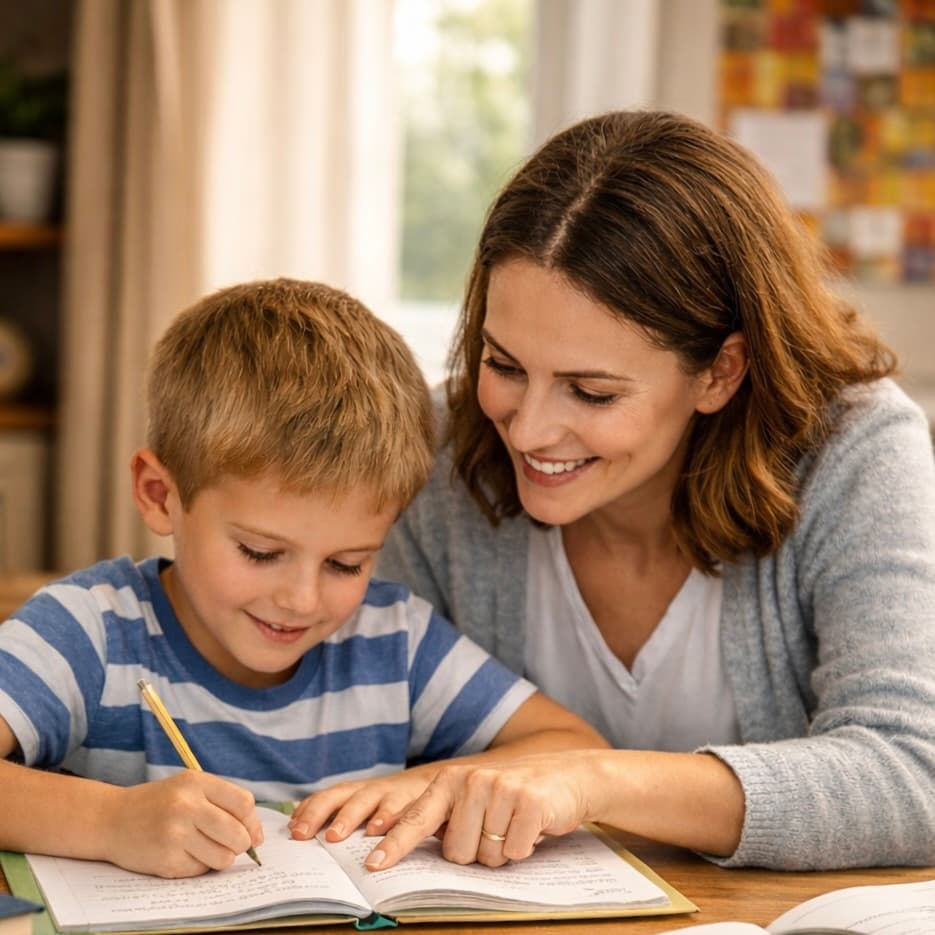 Erwachsene Person und Kind beim Lernen