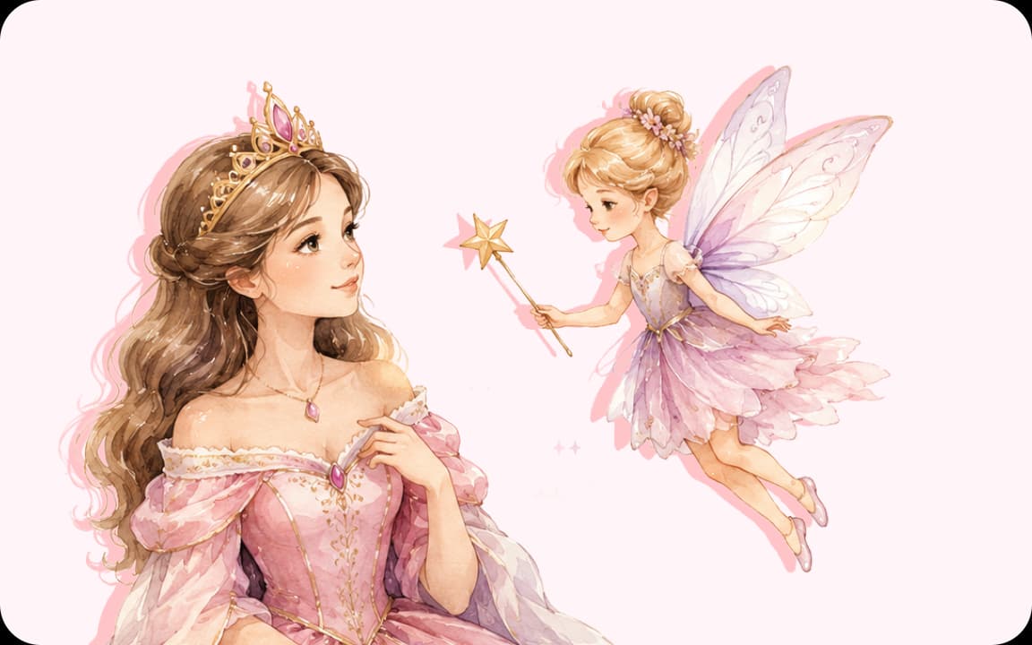 Prinzessin in rosa Kleid mit kleiner Fee und Zauberstab