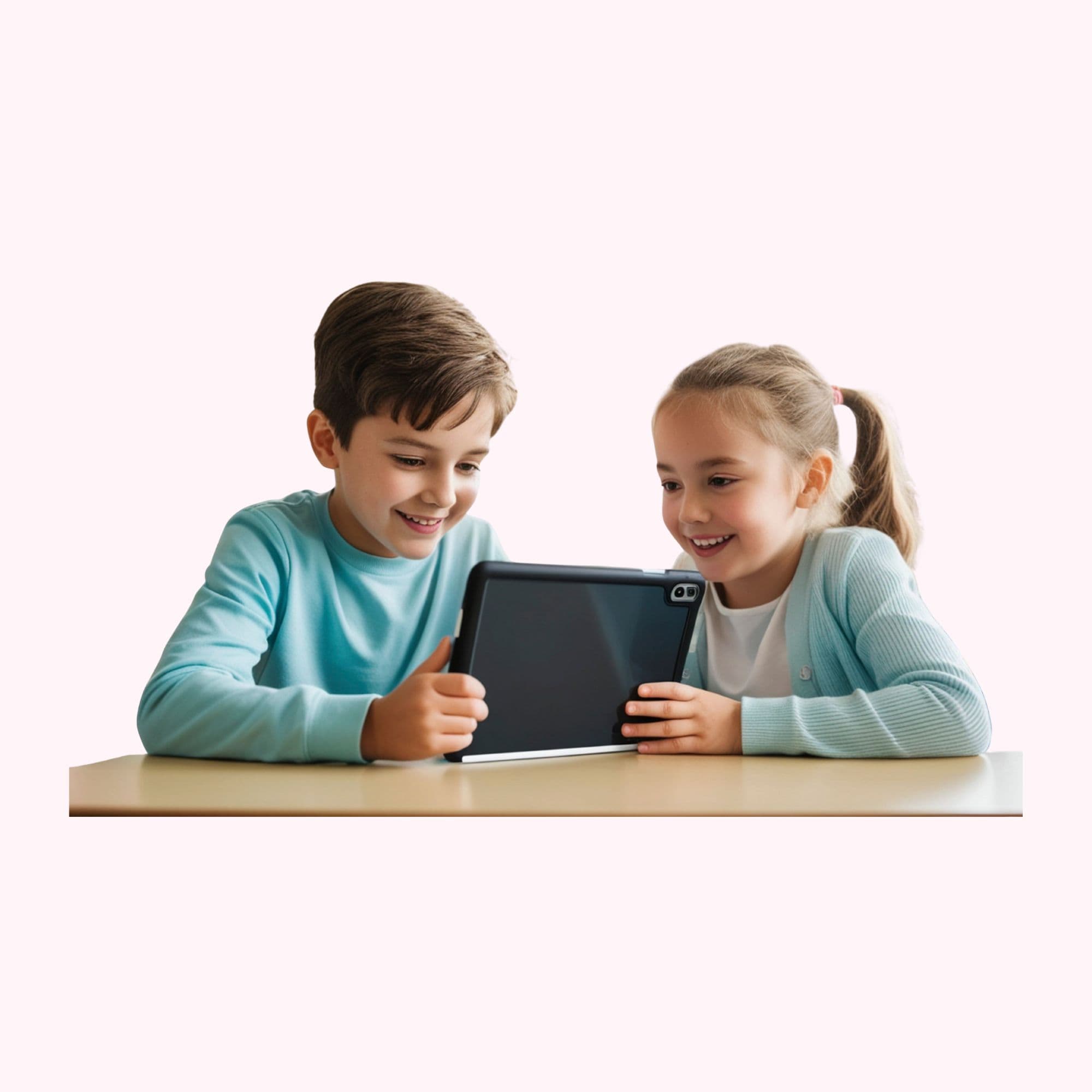 Zwei Kinder schauen gemeinsam auf ein Tablet