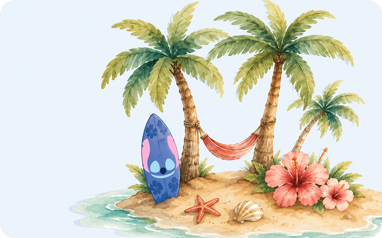 Tropische Insel mit Palmen, Hängematte, Surfbrett und Blumen